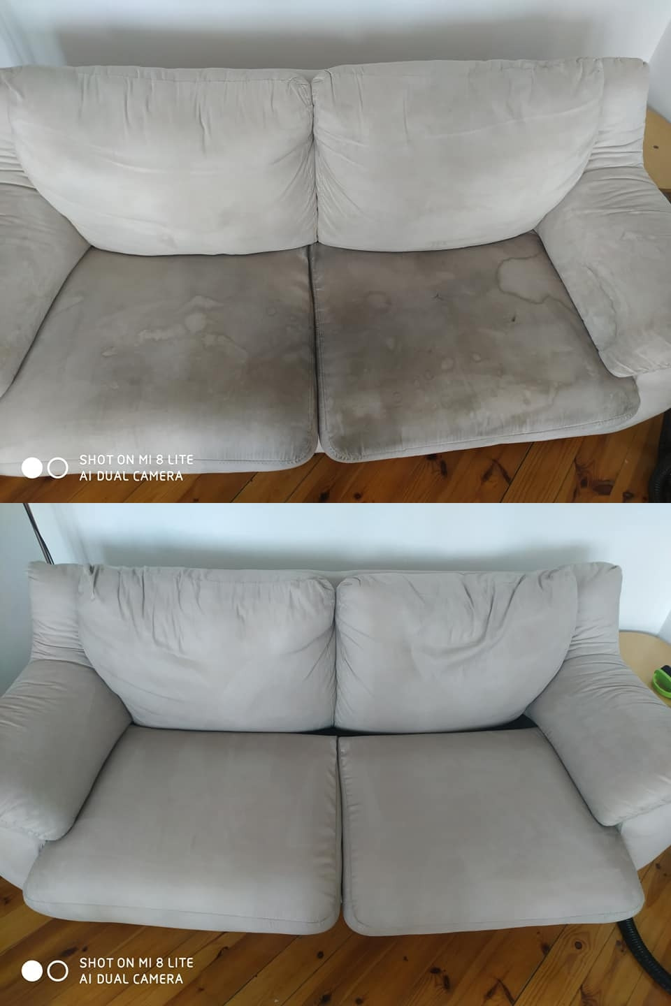 Dwuosobowa kanapa w odcieniach beżu: widok przed i po czyszczeniu, ukazujący wyraźną różnicę w wyglądzie siedziska.