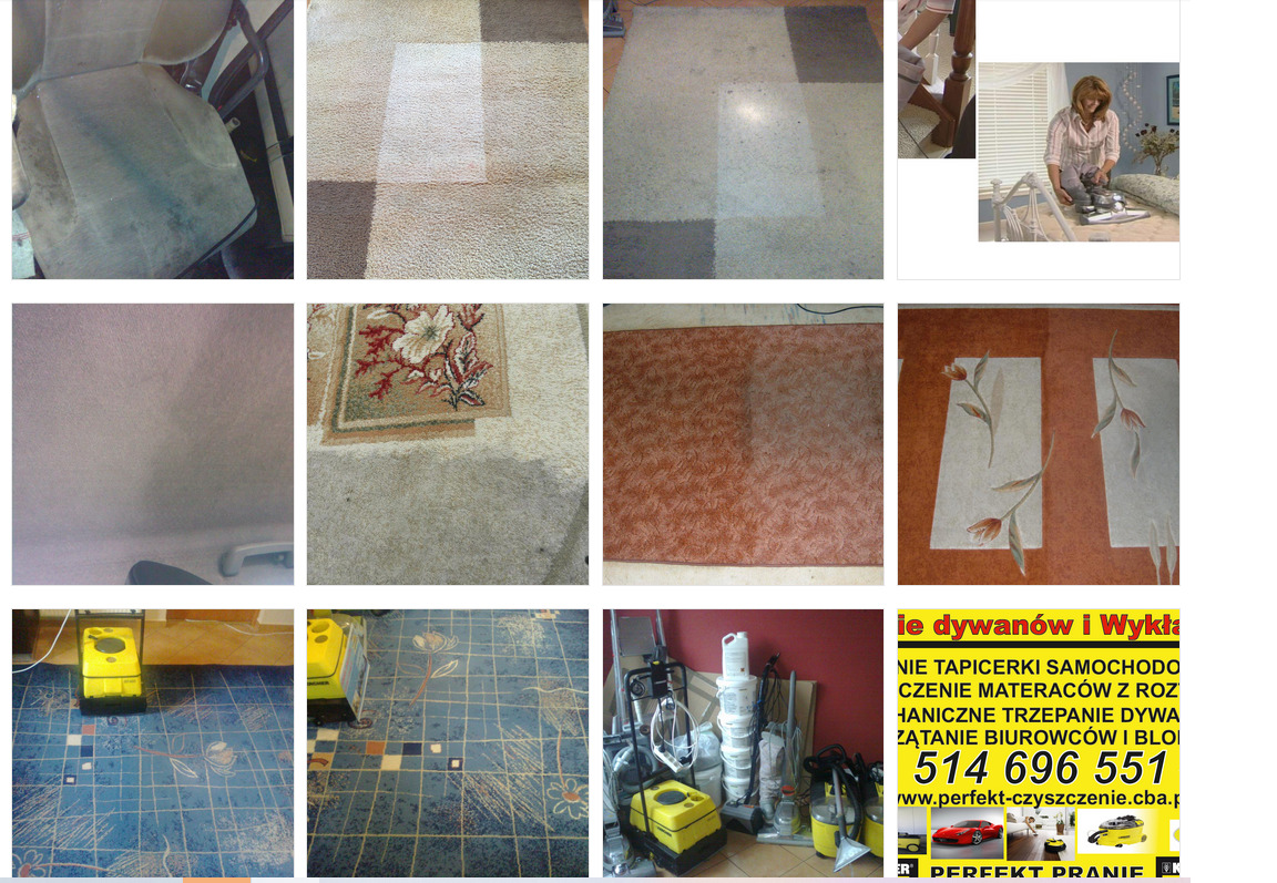 Kolaż zdjęć przedstawiających etapy czyszczenia różnych powierzchni tekstylnych: fragment brudnego i czystego dywanu z wzorem, wnętrze samochodu przed i po czyszczeniu, dywan z kwiatowym motywem...