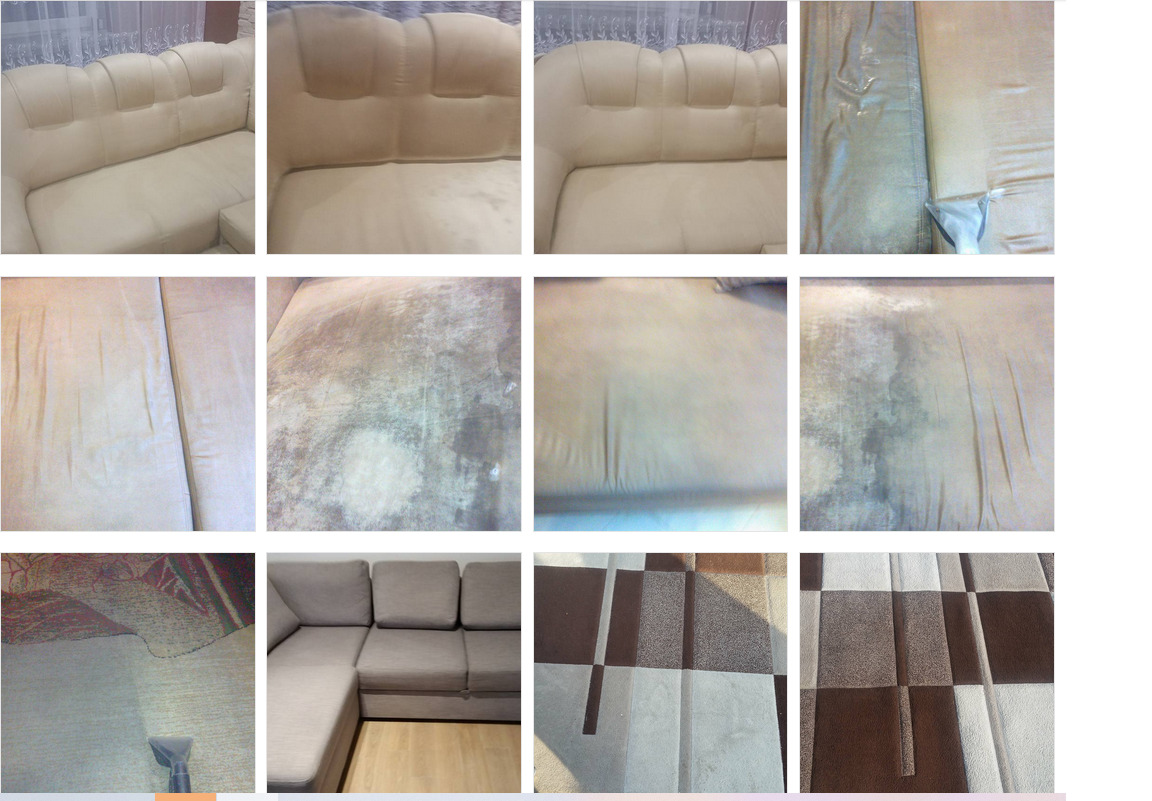 Kolaż przedstawiający etapy czyszczenia mebli tapicerowanych i dywanów: od sofy z jasną tapicerką, przez widoczne zabrudzenia, po efekt czyszczenia z użyciem odkurzacza piorącego i czystą, szarą...