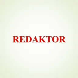 Czerwony napis 'REDAKTOR' na jasnym tle z dekoracyjnymi elementami graficznymi w rogach.
