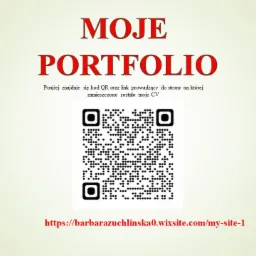 Ekran slajdu prezentującego portfolio z kodem QR i adresem URL prowadzącymi do CV.