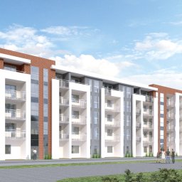 AWiGu_projekt Alina Więcek-Guzińska - Wizualizacja nowoczesnego, wielopiętrowego budynku mieszkalnego z balkonami, wykończonego cegłą i białym tynkiem, z grupą osób stojących przed budynkiem i spacerującym mężczyzną z psem.