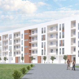 AWiGu_projekt Alina Więcek-Guzińska - Wizualizacja budynku wielorodzinnego z balkonami, wykończonego białą elewacją i elementami z cegły, z zielonym trawnikiem i chodnikiem z kostki brukowej, na tle błękitnego nieba z chmurami.