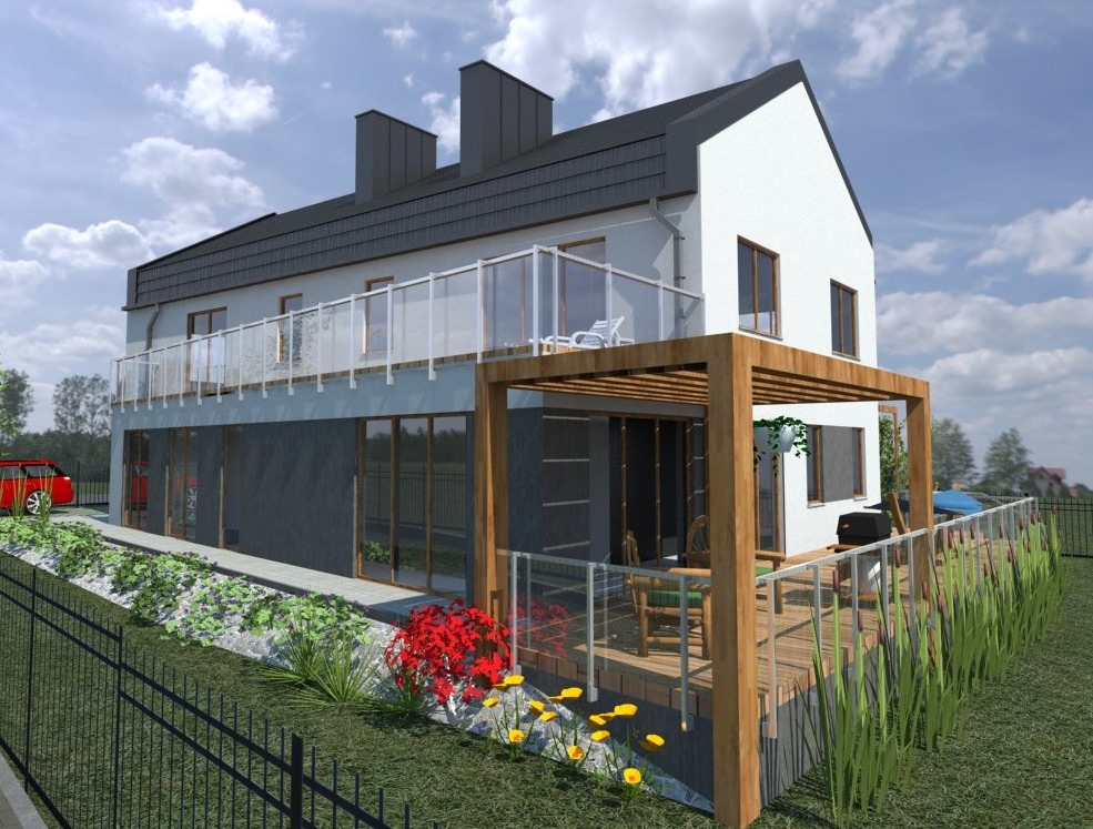 Wizualizacja dwukondygnacyjnego domu z balkonem i tarasem z pergolą, widok z niskiej perspektywy na ogród z czerwonym samochodem w tle.