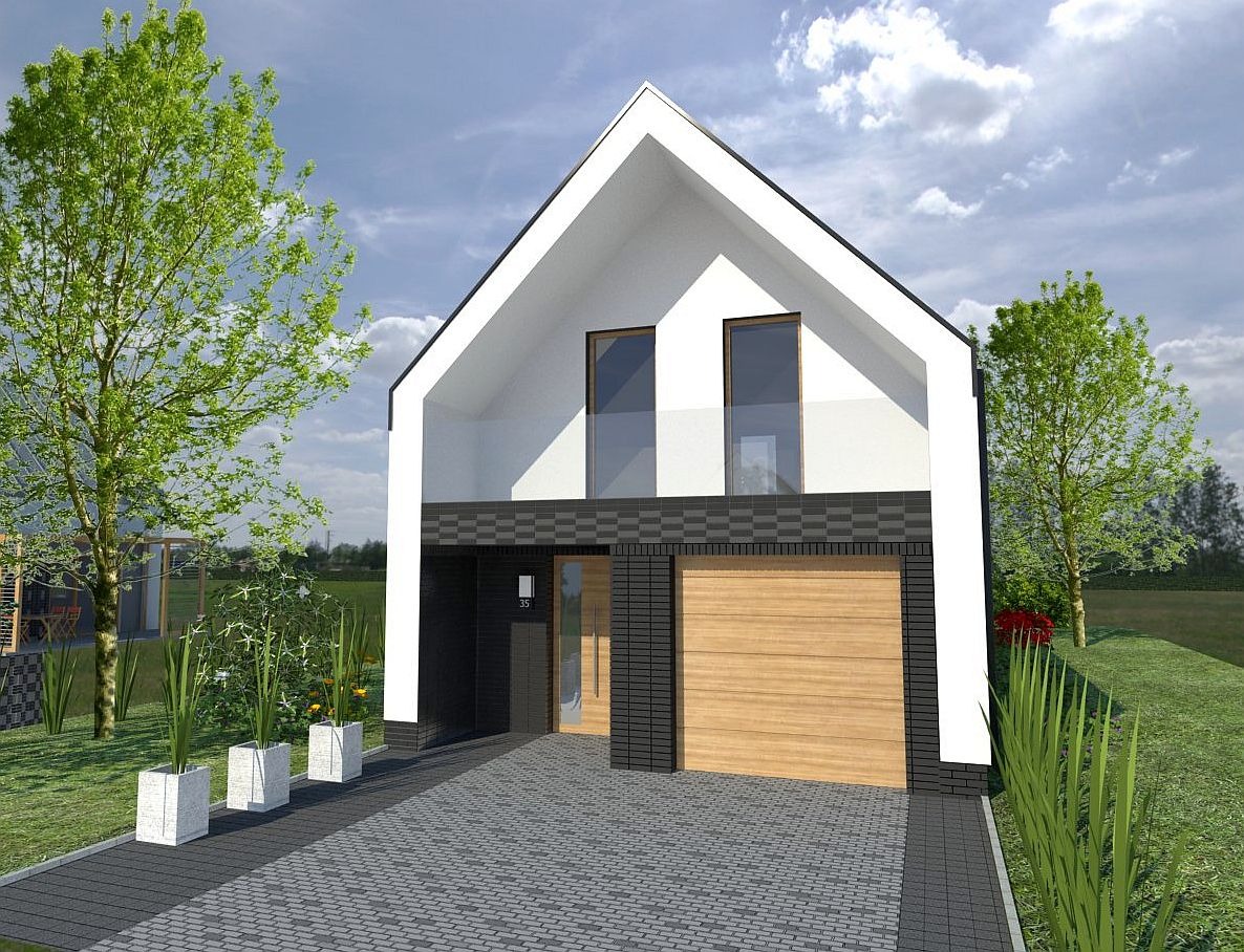 Wizualizacja nowoczesnego domu jednorodzinnego z garażem, białymi ścianami i drewnianą bramą garażową, otoczonego zielenią i kostką brukową.