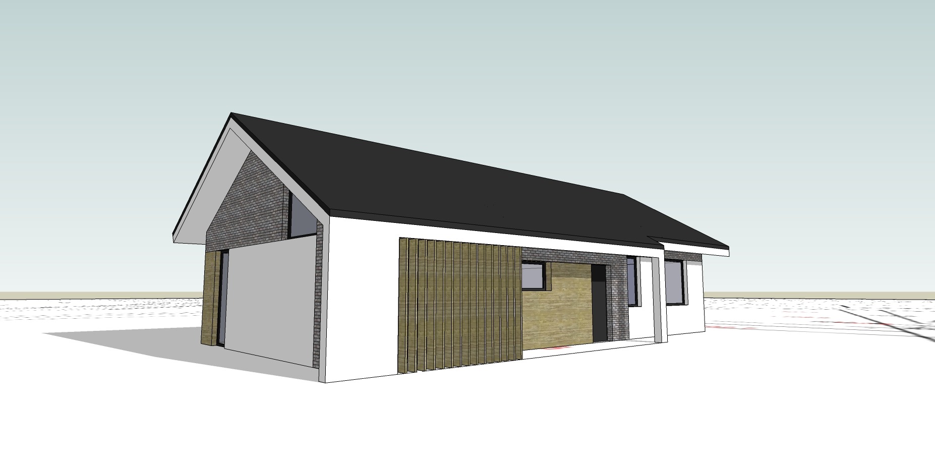 Wizualizacja 3D nowoczesnego domu jednorodzinnego z czarnym dachem, białymi ścianami i elementami z cegły oraz drewnianą okładziną.