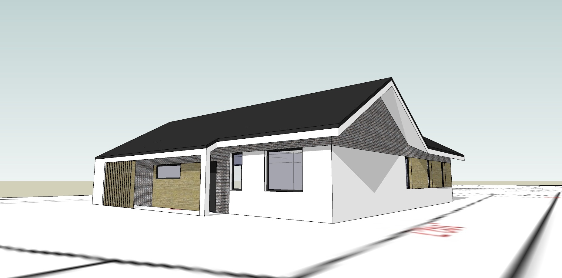 Wizualizacja 3D nowoczesnego domu jednorodzinnego z płaskim dachem, elewacją z białego tynku i fragmentami wykończonymi szarą cegłą oraz drewnianymi panelami, widoczna na tle planu architektonicznego.