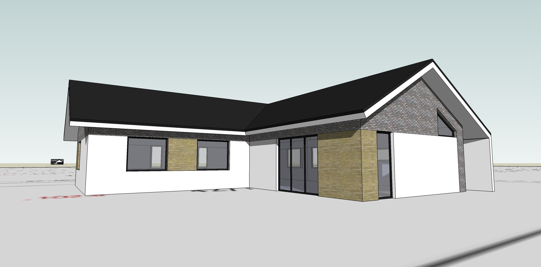 Wizualizacja 3D domu jednorodzinnego z czarnym dachem, białymi ścianami i elementami wykończeniowymi z drewna oraz cegły.