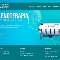 Strona internetowa firmy Oxy-Med, prezentująca ofertę tlenoterapii hiperbarycznej, z widoczną komorą hiperbaryczną na tle grafiki DNA.