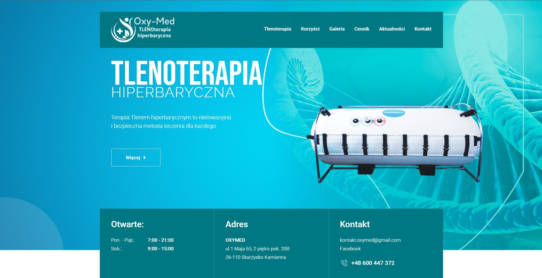 Strona internetowa firmy Oxy-Med, prezentująca ofertę tlenoterapii hiperbarycznej, z widoczną komorą hiperbaryczną na tle grafiki DNA.