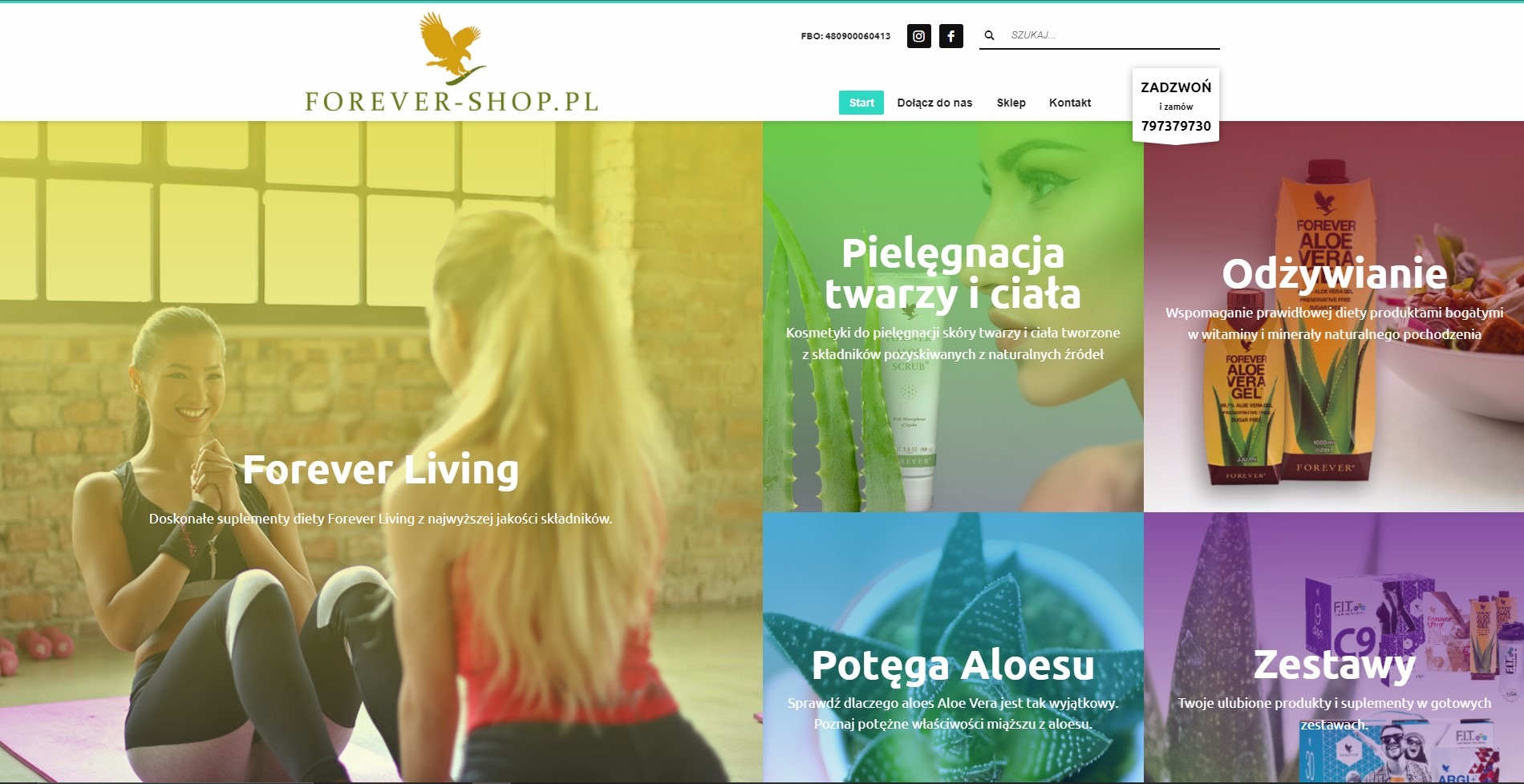 Projekt strony internetowej sklepu Forever Living z sekcjami: kobieta ćwicząca, pielęgnacja ciała, aloes, odżywianie i zestawy produktów.