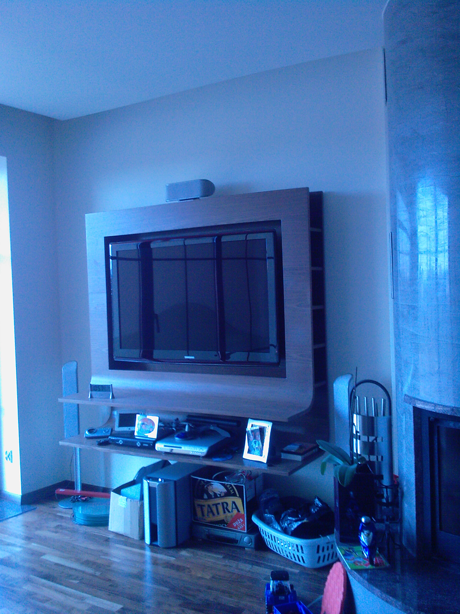 Telewizor w obudowie z półkami, na których stoją sprzęty RTV, zdjęcia w ramkach i dekoracje, obok kominek.