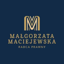 Eleganckie logo z inicjałem 'M' w kolorze złotym, nazwiskiem Małgorzata Maciejewska oraz napisem 'Radca Prawny' na granatowym tle.