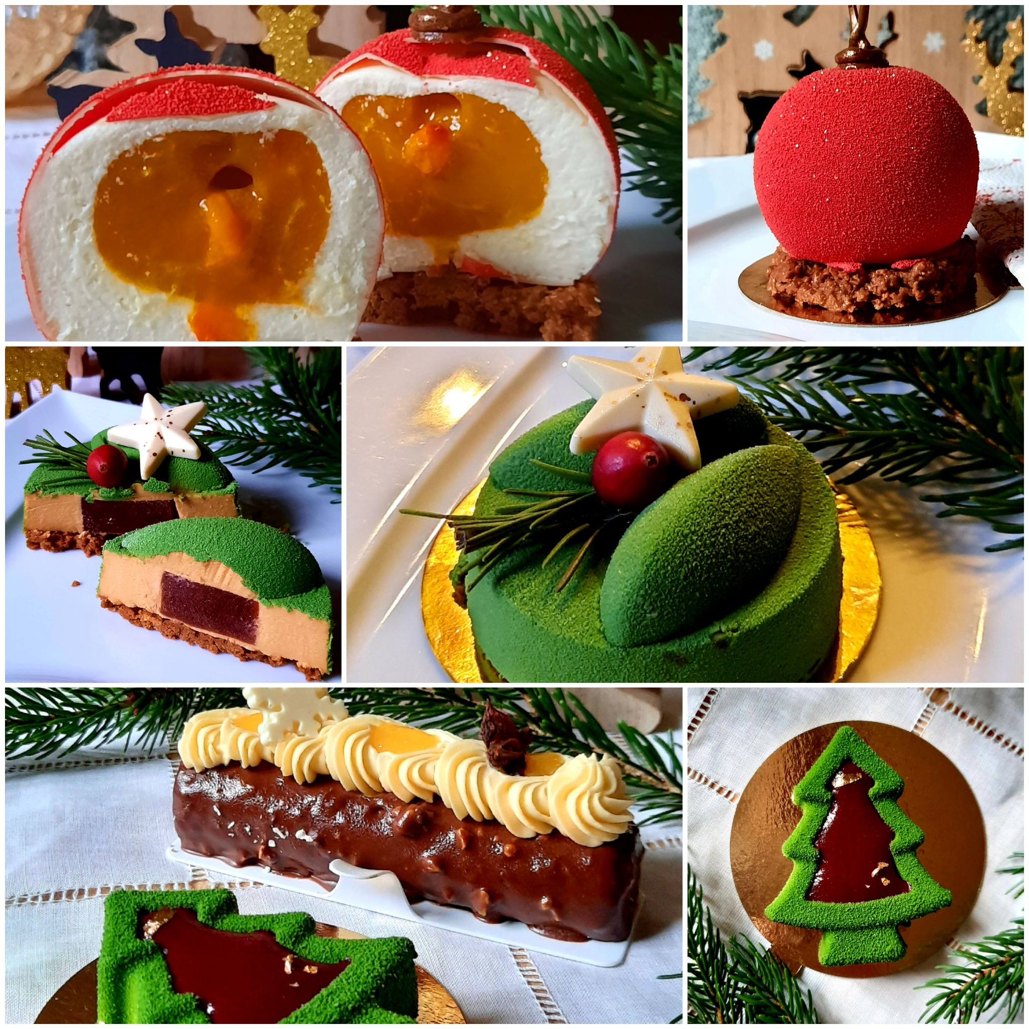 Kompozycja z sześciu ujęć świątecznych deserów: przekrojona bombka z kremem i pomarańczowym wnętrzem, czerwona kula na czekoladowym spodzie, zielone półksiężyce z wiśniowym środkiem, zielone...