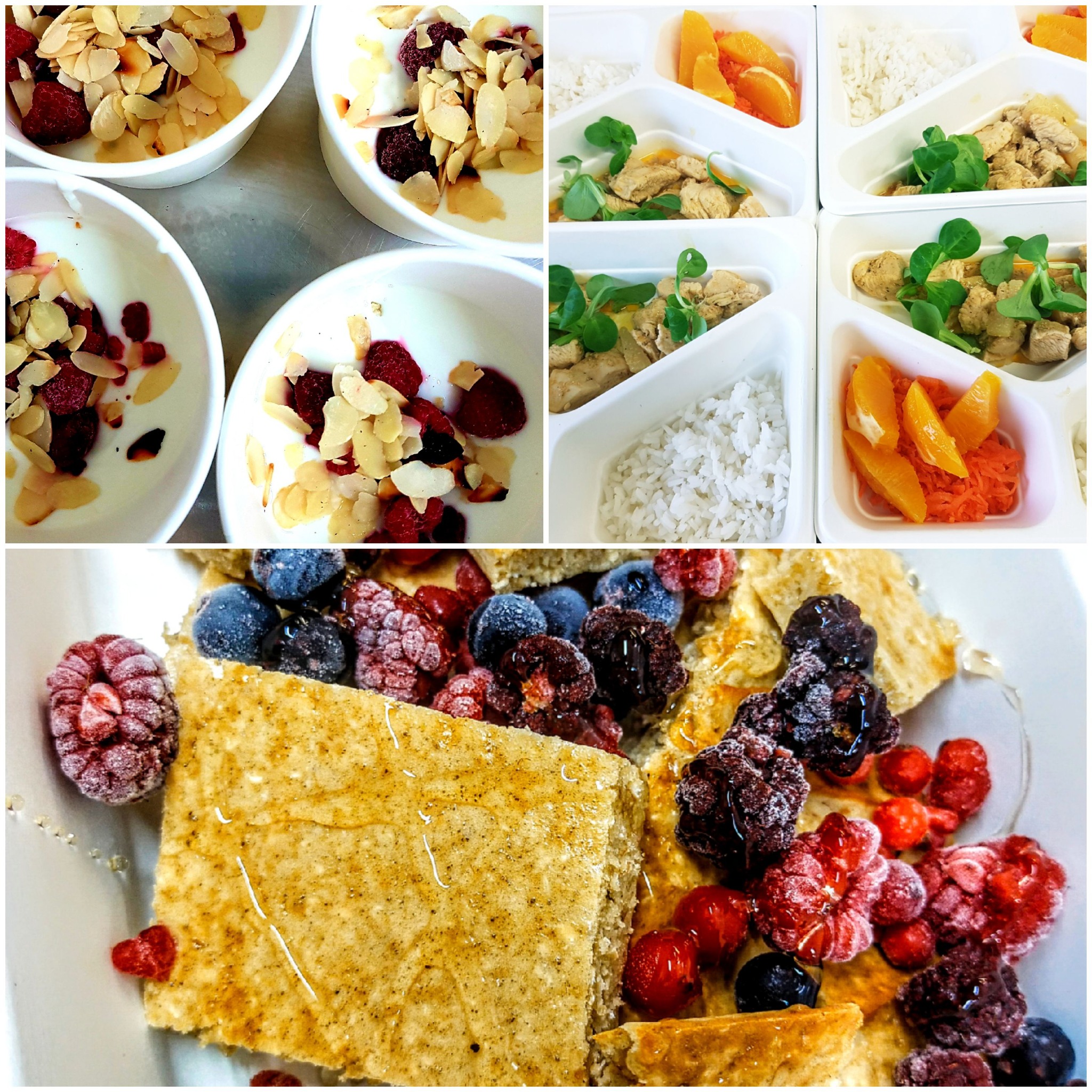 Kompozycja posiłków: jogurt z malinami i migdałami w białych miseczkach, danie z kurczaka z ryżem i warzywami w pojemnikach z przegródkami oraz deser z ciasta, mrożonych jagód i miodu na talerzu.