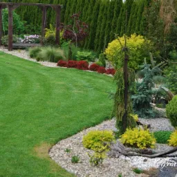 Starannie zaprojektowany ogród z równo przystrzyżonym trawnikiem, ozdobnymi krzewami i drzewami, drewnianą huśtawką i ścieżką z kamyków.