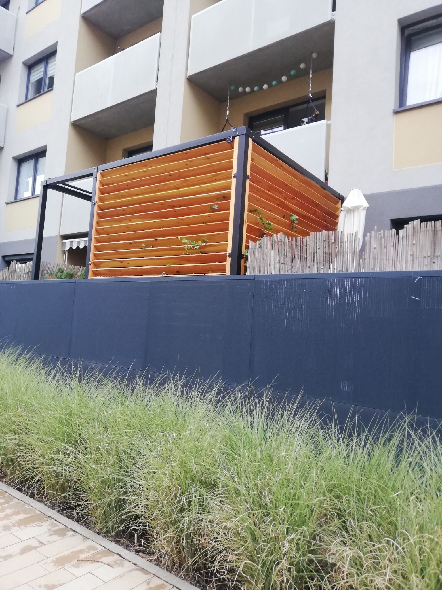 Drewniana konstrukcja z poziomych listew, tworząca osłonę tarasu lub balkonu, z pnączami roślin, widziana z poziomu trawy przed budynkiem mieszkalnym.