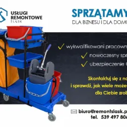 Wózek do sprzątania z wiadrami i wyciskarką do mopa, prezentowany na grafice reklamowej z hasłem 'Sprzątamy dla biznesu i dla domu' oraz danymi kontaktowymi firmy.