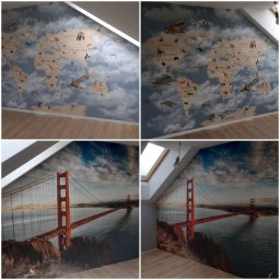 Sławomir Jurga - Dwa ujęcia pokoju na poddaszu z skośnym dachem: na ścianie tapeta z mapą świata z zwierzętami i samolotami oraz tapeta z widokiem na most Golden Gate w San Francisco.