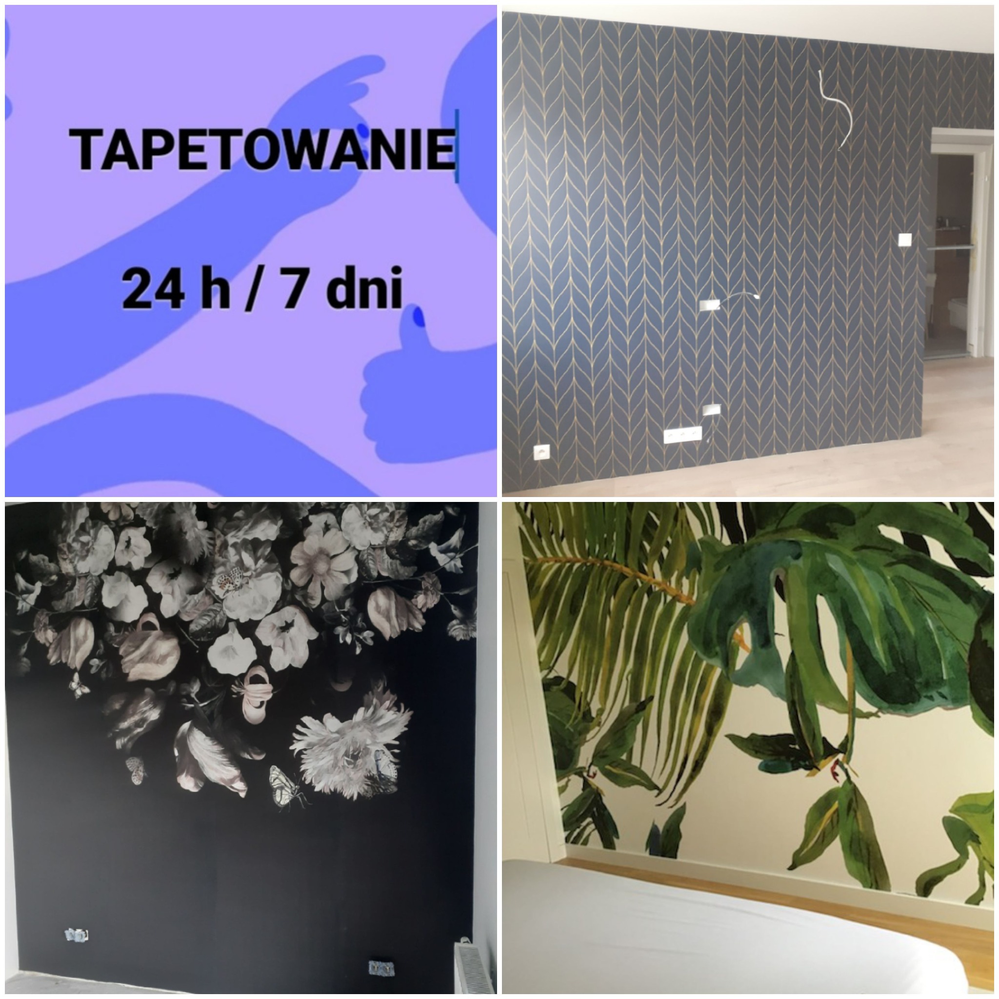 Kompozycja czterech zdjęć prezentujących ściany po położeniu różnorodnych tapet: geometryczny wzór w odcieniach szarości i złota, ciemna tapeta z motywem kwiatowym, tapeta z motywem roślin...