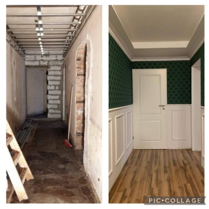 Korytarz w trakcie remontu: po lewej surowy stan z odsłoniętą konstrukcją sufitu i schodami, po prawej wykończony fragment z zieloną tapetą, białą stolarką i panelami ściennymi.