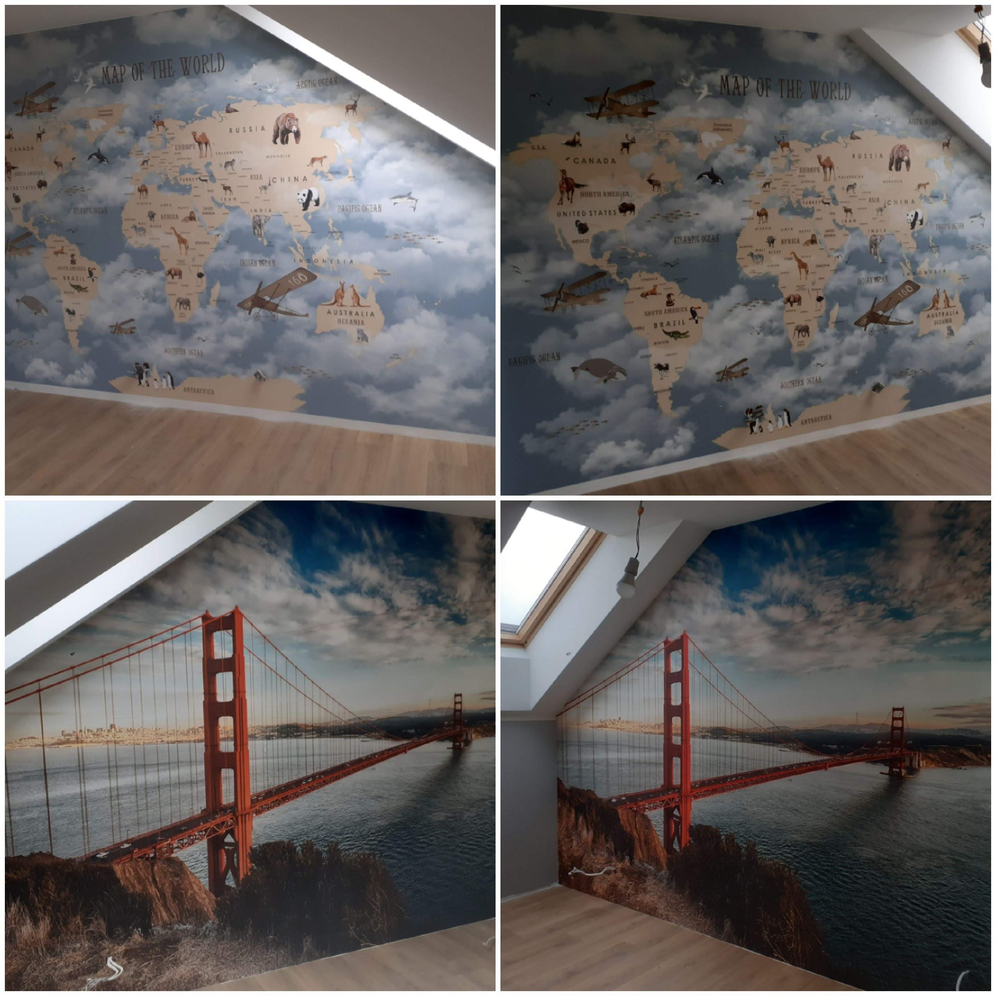 Dwa ujęcia pokoju na poddaszu z skośnym dachem: na ścianie tapeta z mapą świata z zwierzętami i samolotami oraz tapeta z widokiem na most Golden Gate w San Francisco.