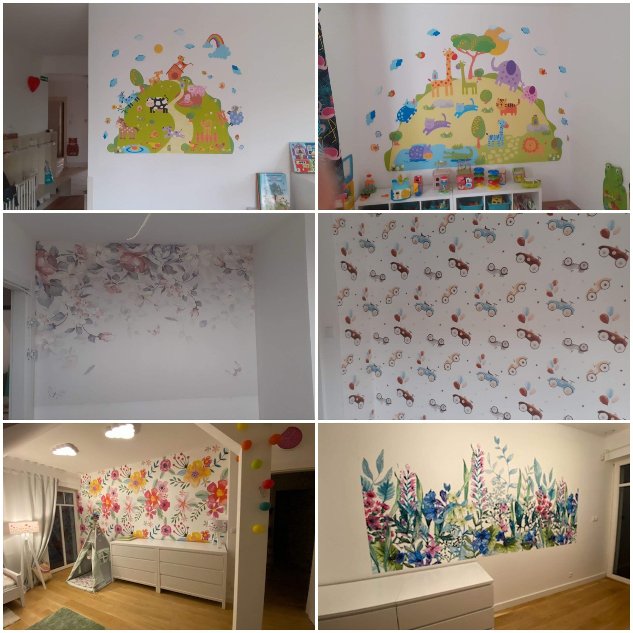 Różne wzory tapet i naklejek ściennych w pokojach, od dziecięcych motywów zwierzęcych po kwiatowe i pojazdy, wykonane w Poznaniu.