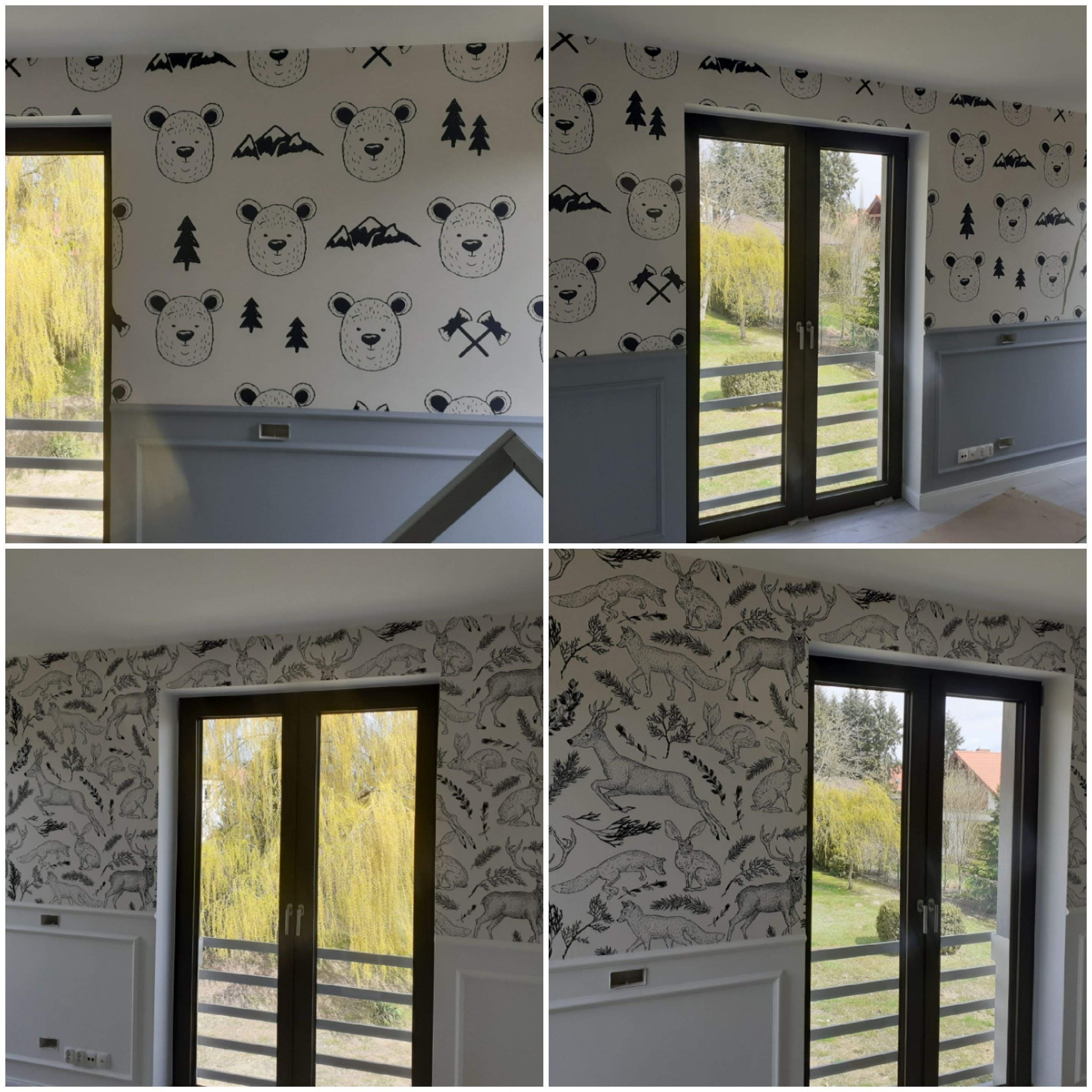 Cztery ujęcia pokoju z tapetami w dziecięce wzory: misie, góry, drzewa, zwierzęta leśne, z widokiem na zewnątrz przez okno balkonowe, z szarą lamperią.