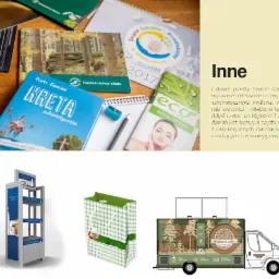 Zestaw materiałów reklamowych i informacyjnych na drewnianym stole: książka o Krecie, kalendarz, katalog SPA, ulotki Nadleśnictwa Wisła, wizualizacje stoiska i food trucka z motywem leśnym.