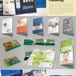 Zestawienie różnorodnych materiałów reklamowych, w tym katalogi produktowe, ulotki z mapami, broszury i kolorowanki, ułożone na szarym tle, prezentujące szeroki zakres usług poligraficznych.