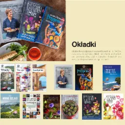 Aranżacja okładek książek kucharskich i przewodników turystycznych wydawnictwa Pascal, z rekwizytami kulinarnymi i podróżniczymi, na drewnianym stole.