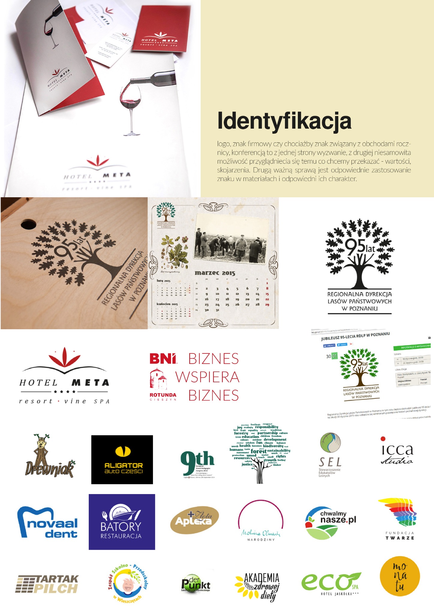 Kolaż logotypów i identyfikacji wizualnych różnych firm i instytucji, prezentujący różnorodne style i koncepcje graficzne, w tym logotyp hotelu Meta z motywem wina, logo Regionalnej Dyrekcji Lasów...
