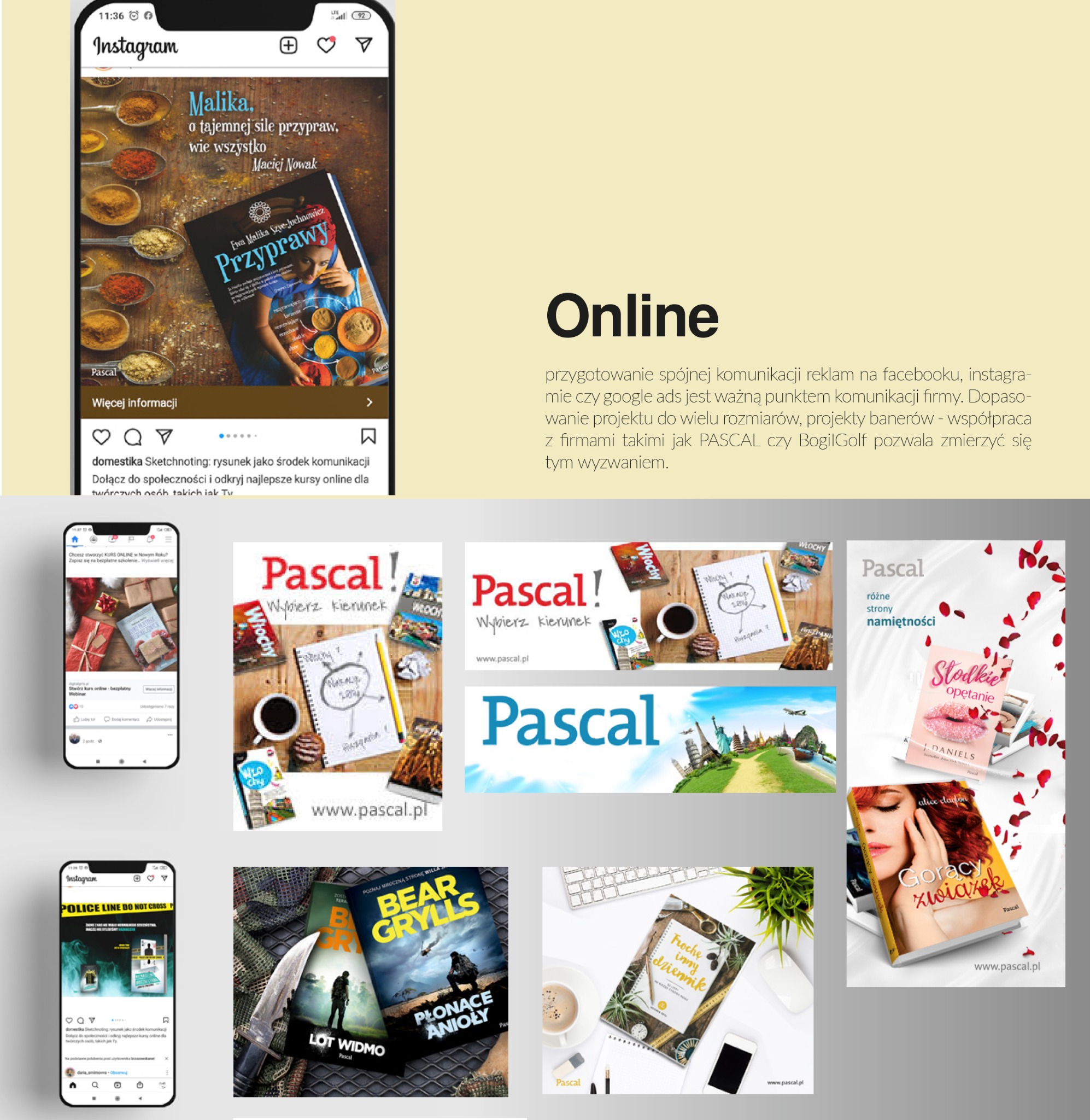 Zestawienie reklam i publikacji firmy Pascal, w tym książki, notatniki i post z Instagrama wyświetlany na smartfonie, prezentujące spójną identyfikację wizualną w Bielsko-Białej.