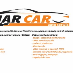 Logo auto serwisu MAR CAR z listą usług mechaniki pojazdowej i diagnostyki komputerowej, obejmujących oleje, filtry, rozrządy, układy wydechowe, sprzęgła, uszczelki, remonty silników, ABS...