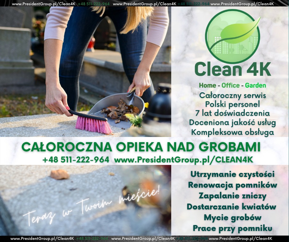 Osoba w jeansach sprząta liście i zanieczyszczenia z nagrobka za pomocą różowej szczotki i szufelki, na tle cmentarza i logo firmy oferującej całoroczną opiekę nad grobami.
