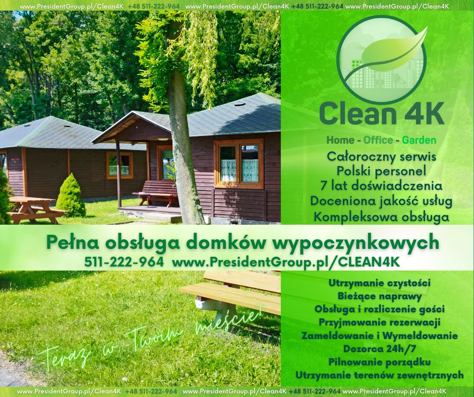 Reklama firmy Clean 4K oferującej kompleksową obsługę domków wypoczynkowych, widoczne dwa domki letniskowe w otoczeniu zieleni.
