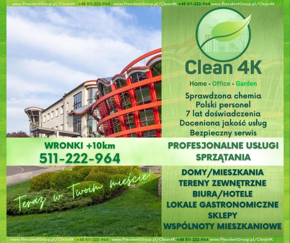 Reklama firmy Clean 4K oferującej profesjonalne usługi sprzątania domów, biur i ogrodów, z logo firmy, numerem telefonu i informacją o lokalizacji we Wronkach.