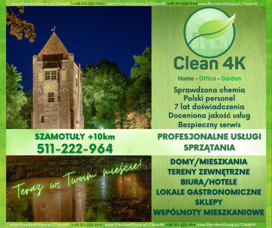 Reklama firmy Clean 4K z wizualizacją wieży w Szamotułach nocą i tekstem o sprzątaniu domów, biur, ogrodów, z polskim personelem i sprawdzoną chemią.