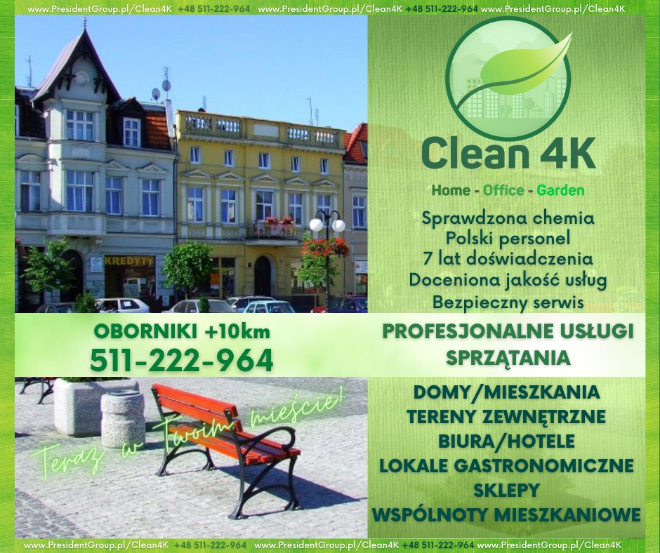 Reklama firmy Clean 4K oferującej usługi sprzątania domów, biur i ogrodów, z numerem telefonu i adresem strony internetowej na tle budynków miejskich i ławki.