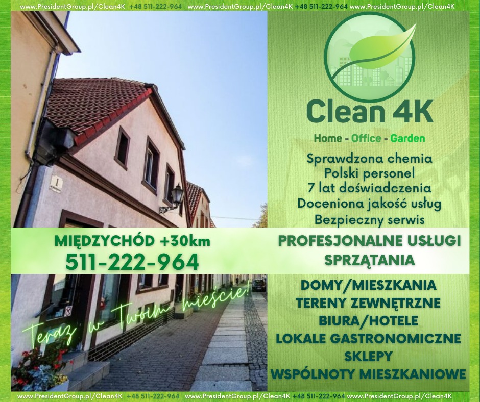 Reklama firmy Clean 4K oferującej profesjonalne usługi sprzątania domów, biur, terenów zewnętrznych, lokali gastronomicznych, sklepów i wspólnot mieszkaniowych, z podanym numerem telefonu...