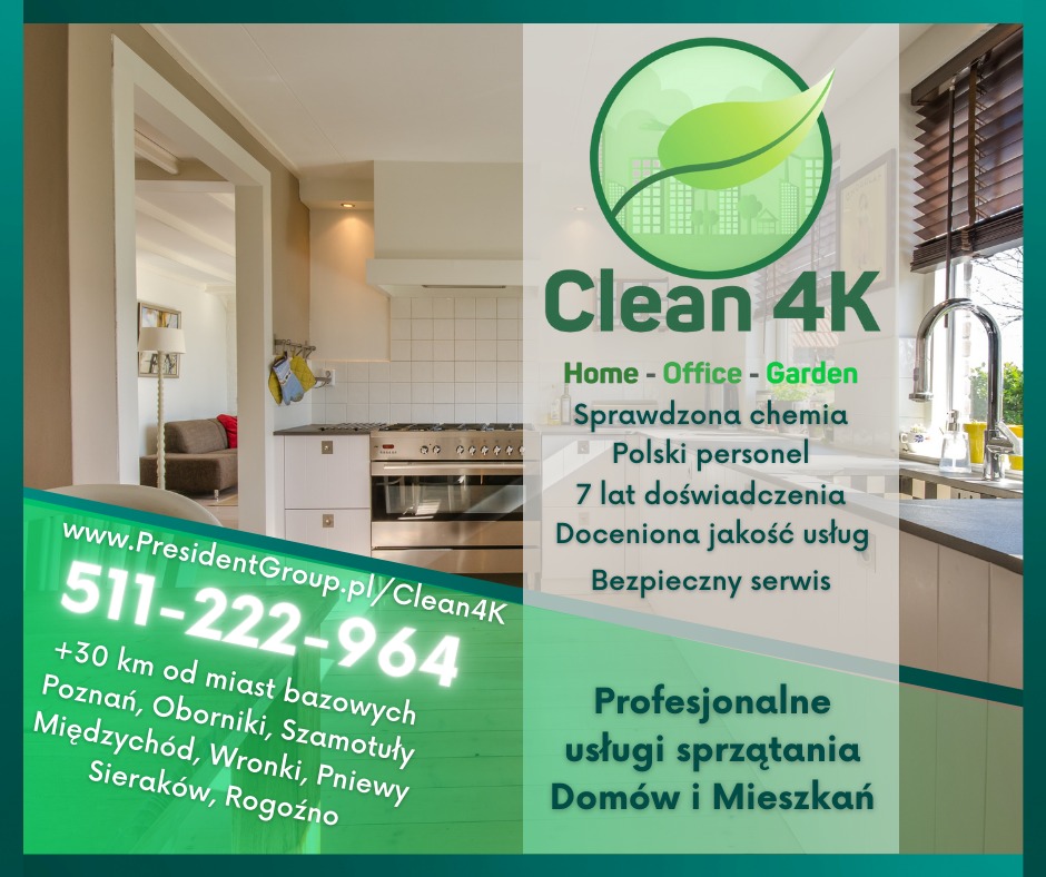 Grafika reklamowa firmy Clean 4K oferującej profesjonalne usługi sprzątania domów i mieszkań, z widocznym fragmentem kuchni w tle i informacjami kontaktowymi.