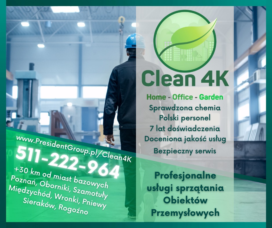 Grafika reklamowa firmy Clean 4K z Poznania, oferującej profesjonalne usługi sprzątania obiektów przemysłowych, z widocznym pracownikiem w niebieskim kasku na tle hali produkcyjnej.