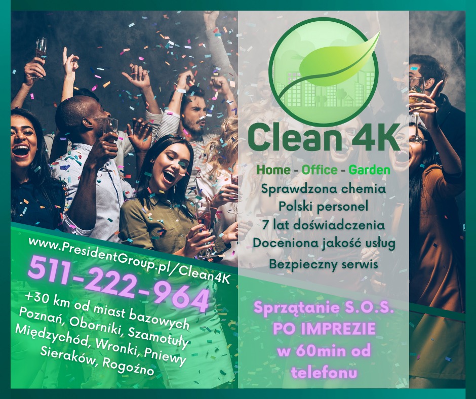 Reklama firmy Clean 4K oferującej sprzątanie po imprezach, z uśmiechniętymi ludźmi wznoszącymi toasty w konfetti, logo firmy z zielonym liściem i budynkami w tle, oraz informacją o sprzątaniu S.O.S...
