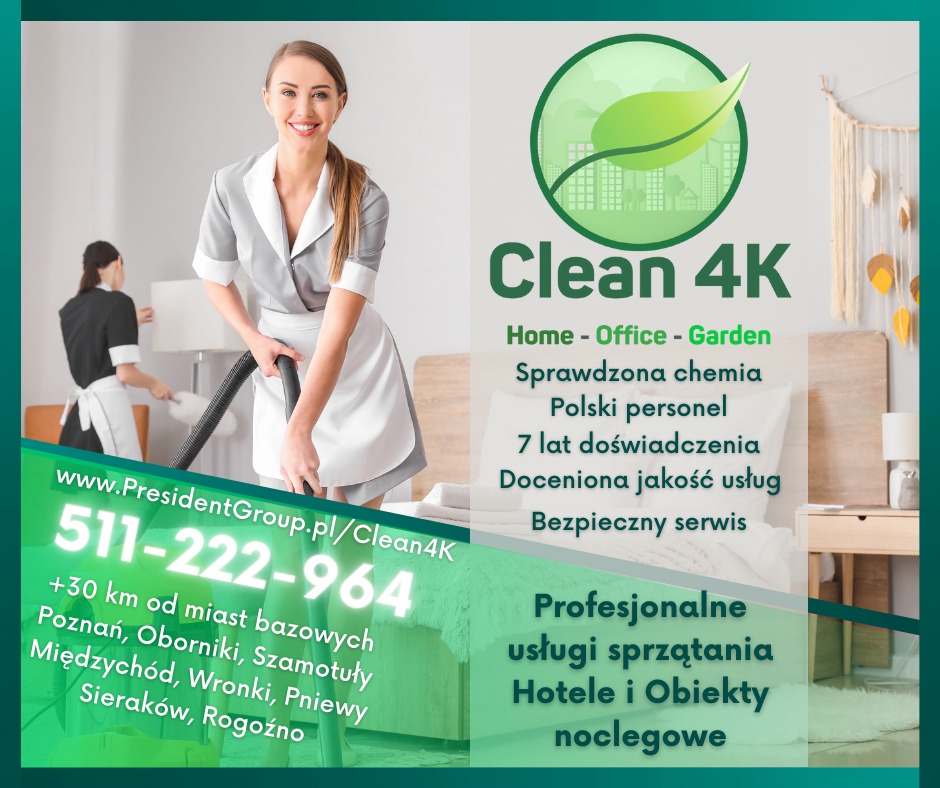 Uśmiechnięta kobieta w uniformie sprzątającym odkurza pokój hotelowy, w tle druga osoba czyści lampę, widoczne logo firmy Clean 4K i dane kontaktowe.