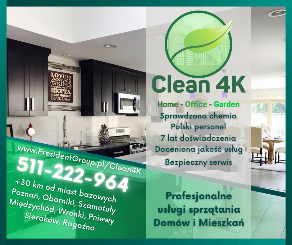 Grafika reklamowa firmy Clean 4K, prezentująca fragment czystej kuchni z ciemnymi szafkami, ananasem na blacie i dekoracyjnym napisem na ścianie, obok logo firmy, numeru telefonu i zakresu usług...
