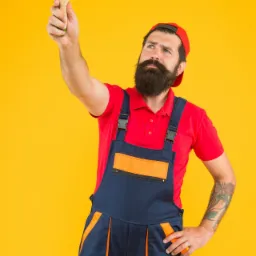 Malarz z brodą w czerwonej koszulce i granatowym kombinezonie z pomarańczowymi wstawkami, trzymający pędzel do góry na tle jaskrawożółtej ściany.