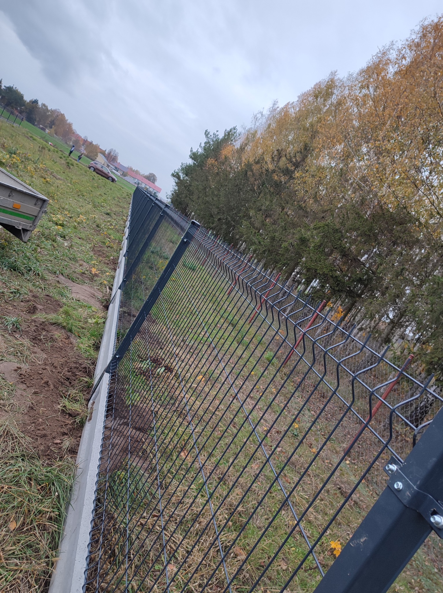 Nowo postawione, czarne ogrodzenie panelowe z betonową podmurówką na trawiastym terenie. W tle widoczne drzewa z jesiennymi liśćmi i budynki.