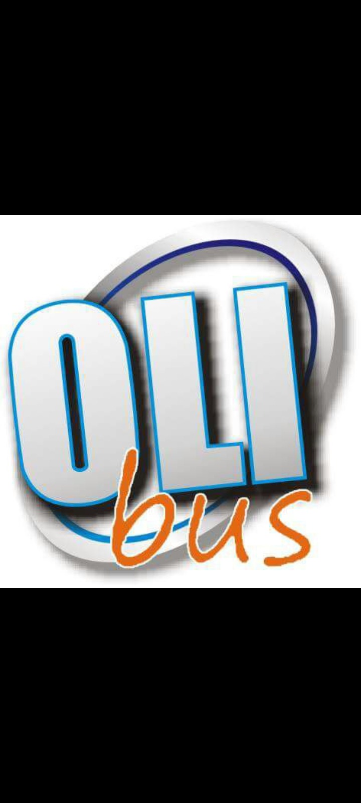 Logo firmy transportowej OLI bus, białe litery z niebieskim obrysem, pomarańczowy napis 'bus' w kursywie, całość otoczona szarym owalem z niebieską obwódką, cień pod logiem.