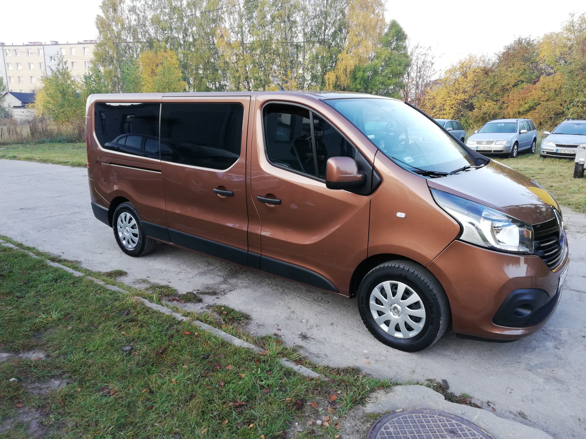 Brązowy van Renault Trafic z przyciemnianymi szybami, zaparkowany na betonowym placu z zielenią, w tle inne samochody i budynek.