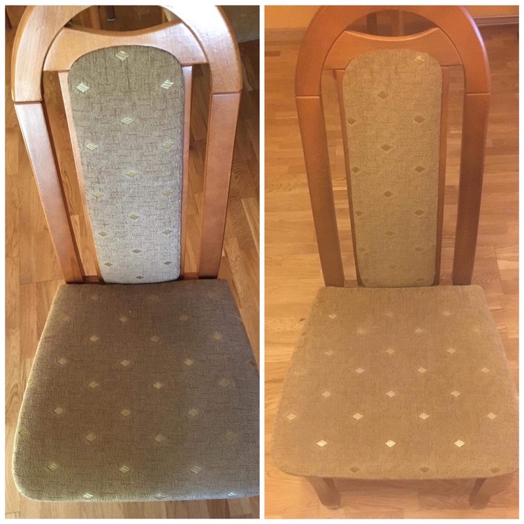 Krzesło tapicerowane: po lewej stronie widoczny brudny stan przed czyszczeniem, po prawej stronie efekt po czyszczeniu, ukazujący odświeżony kolor i wzór tapicerki.